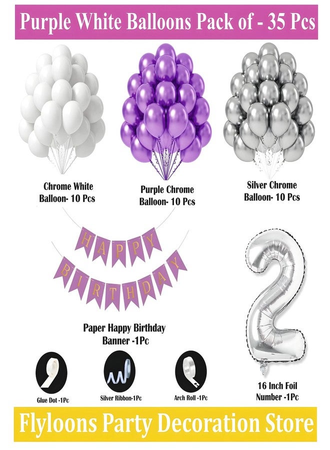 Flyloons 2nd Birthday Decoration Items Purple and White Theme Combination for Boys Girls Kids | 30 Pcs Purple White Silver Color Balloons | Purple Happy Birthday Banner | Arch Tape | Glue Dots - Image 2